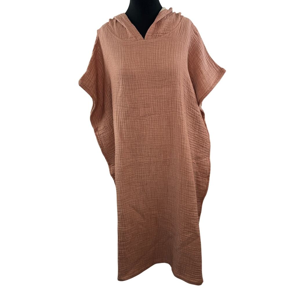 Sun Seeker Peach Fuzz Poncho Crinkled Cotton Beach Hooded Kaftan One Size NEW